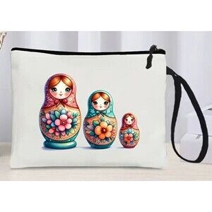 Matryoshka Nesting Doll Canvas Makeup Bag Cosmetic Tote Wristlet Travel 6 x 8-in